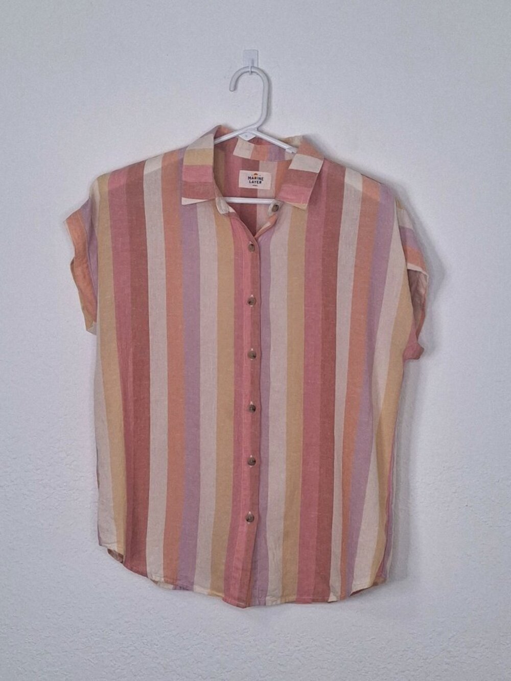 Marine Layer Linen Blend Shirt Sz S Multicolor Striped Boxy Coastal Boho Beach